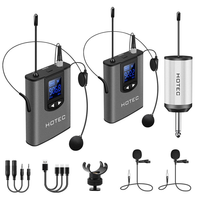Hotec Wireless System with Dual Headset Microphones/Lavalier Lapel Mics and Bodypack Transmitters and One Mini Rechargeable Receiver 1/4" Output, for Live Performances - Image 1